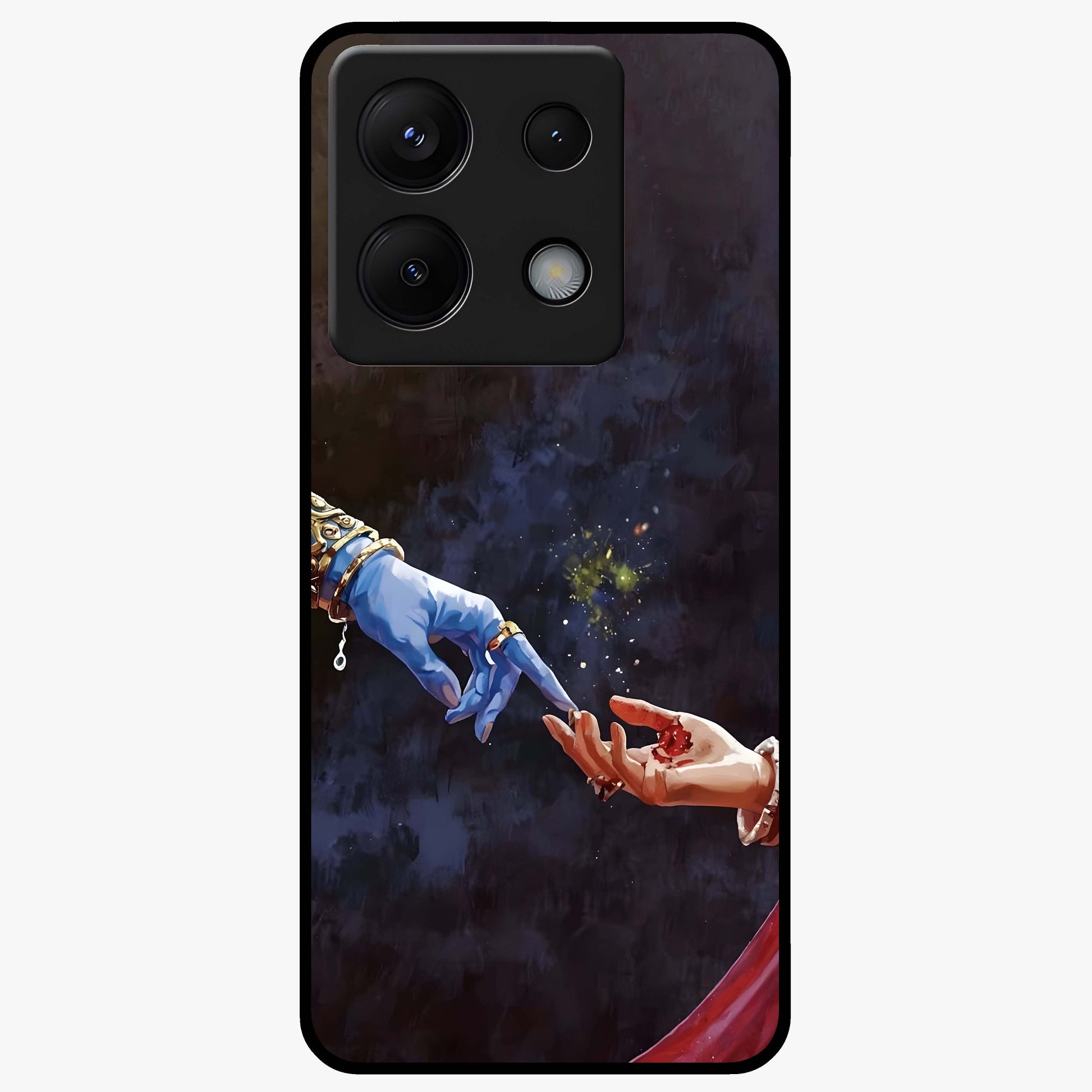Divine Touch Eternal Glass Case showing flat back view with spiritual themed artwork and glossy glass finish.