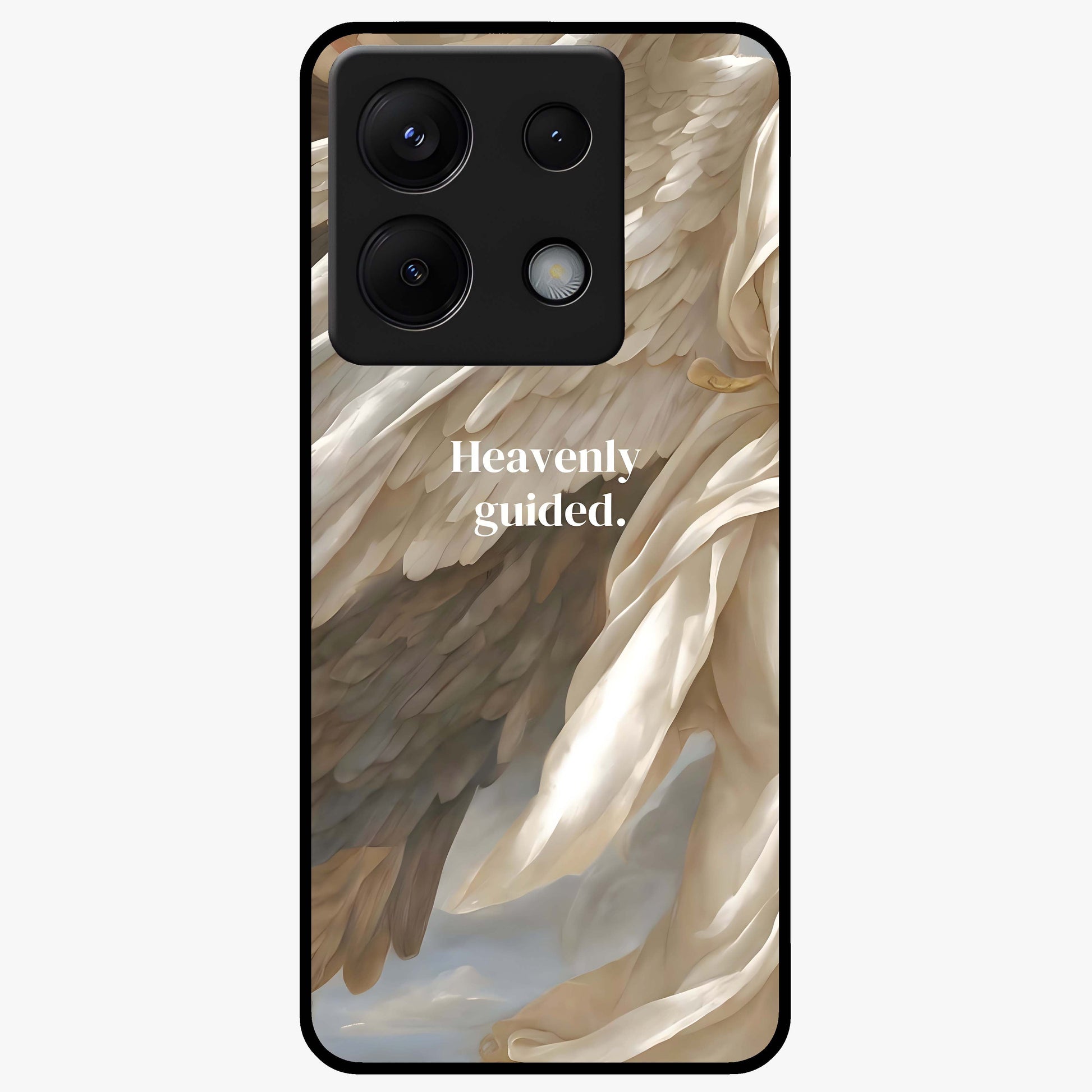 Divine Winged Grace Glass Case showing flat back view with elegant wing inspired artwork and glossy glass finish.