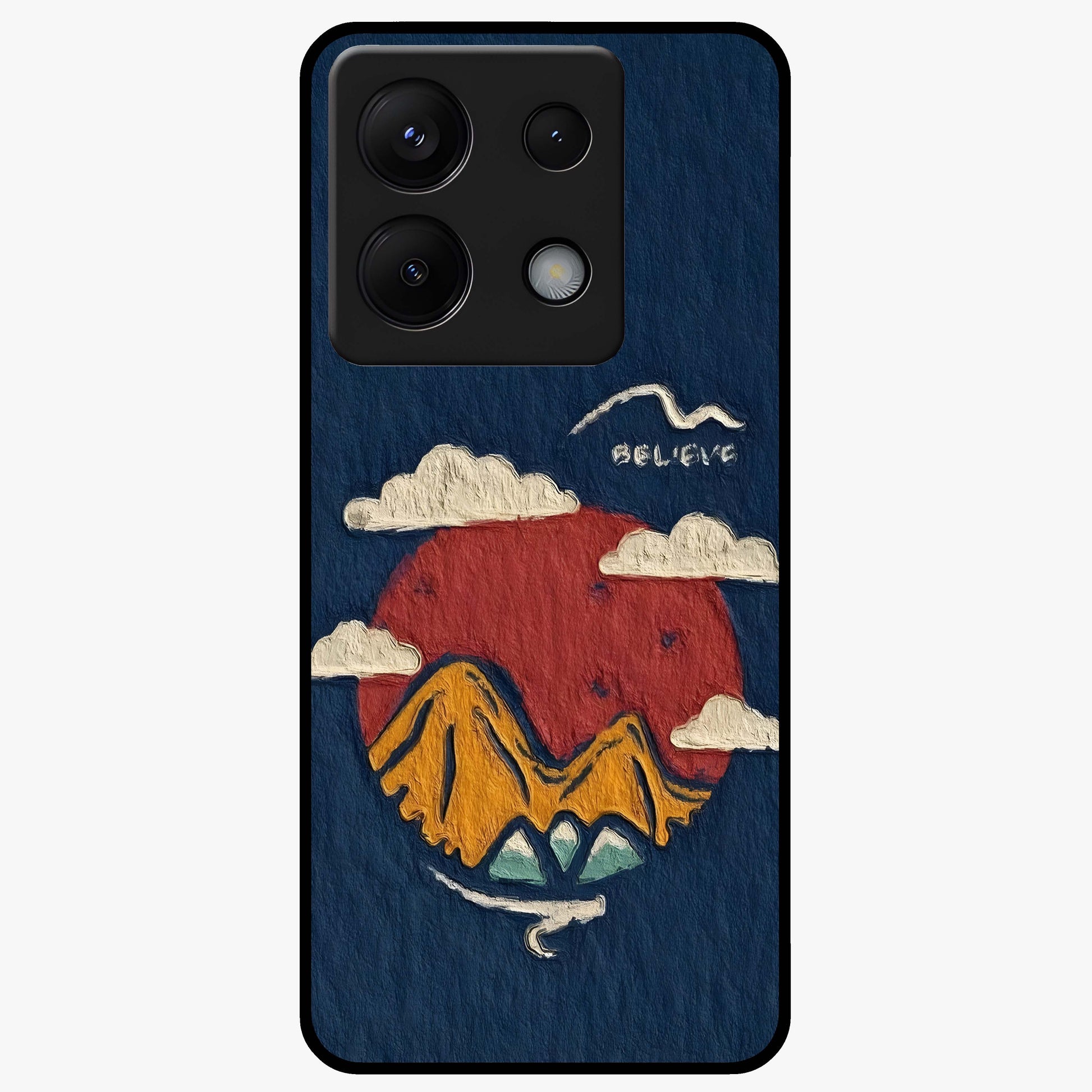 Dream Beyond Mountains Glass Case showing flat back view with scenic mountain landscape artwork and glossy glass finish.