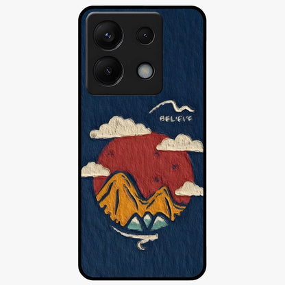 Dream Beyond Mountains Glass Case showing flat back view with scenic mountain landscape artwork and glossy glass finish.