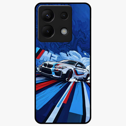 Drift Power Rush Glass Case showing flat back view with dynamic racing inspired artwork and glossy glass finish.