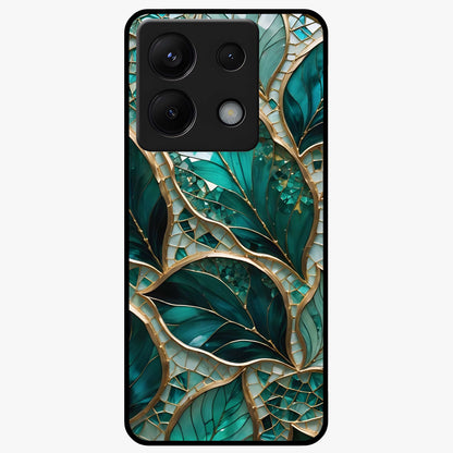 Emerald Leaf Glass Glass Case showing flat back view with emerald green leaf artwork and glossy glass finish.