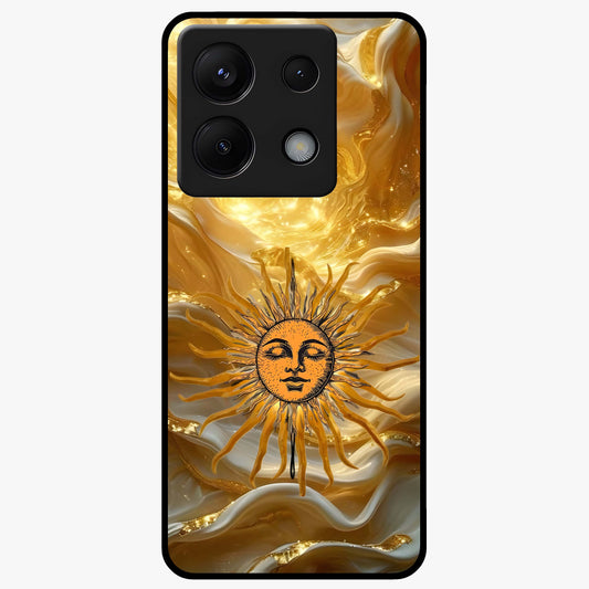 Eternal Golden Glow Glass Case showing flat back view with radiant golden themed artwork and glossy glass finish.