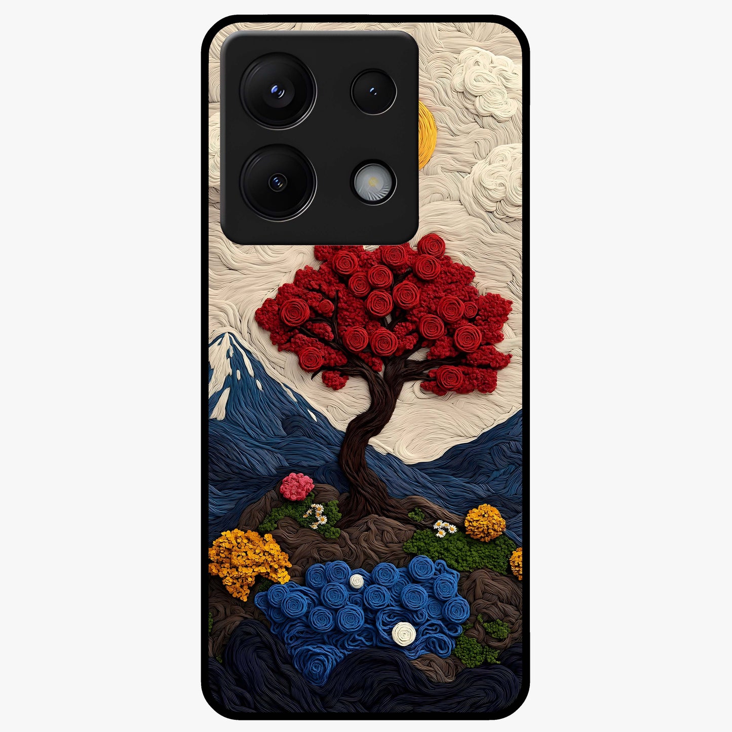 Eternal Nature Tapestry Glass Case showing flat back view with intricate nature tapestry artwork and glossy glass finish.