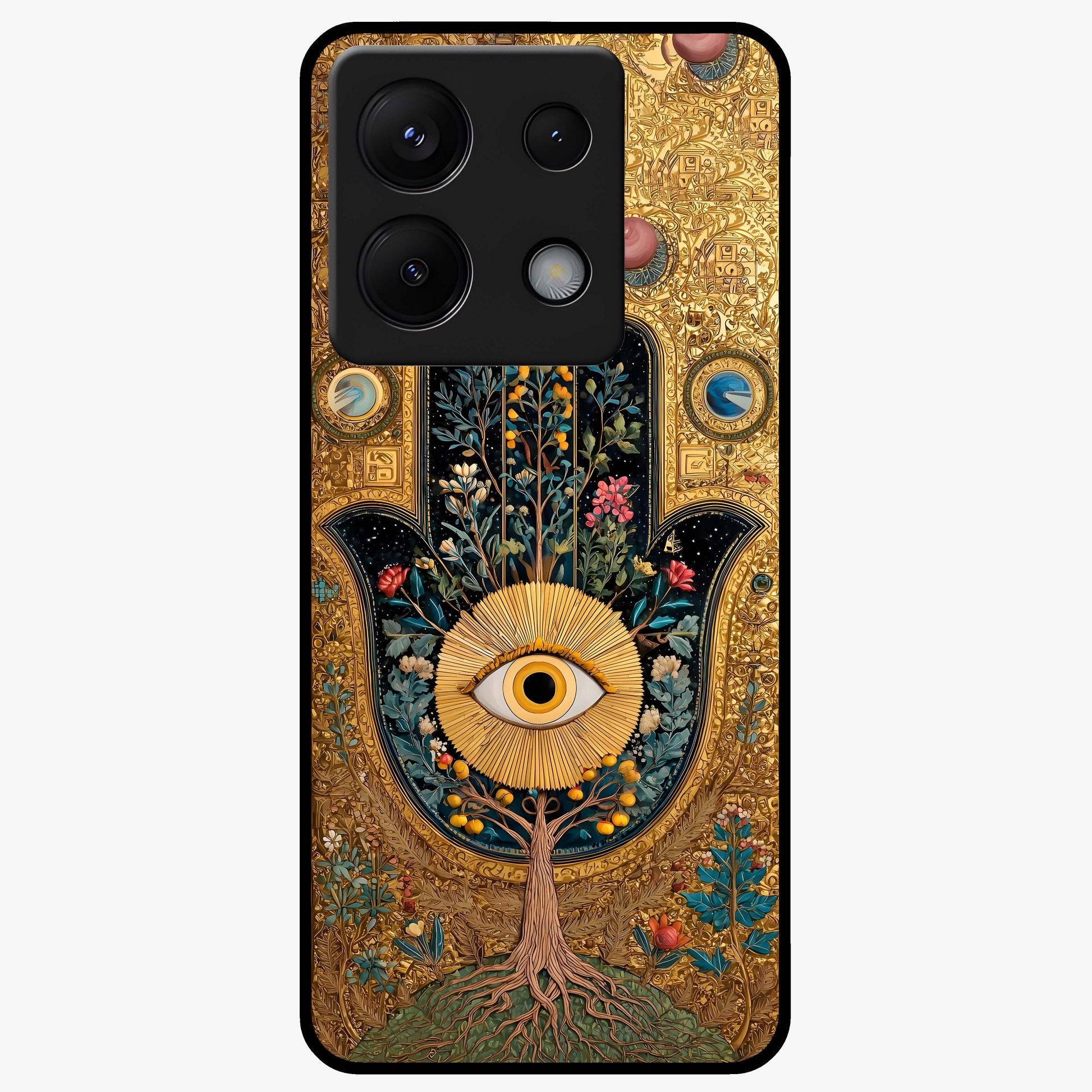 Ethereal Evil Eye Glass Case showing flat back view with mystical evil eye artwork and glossy glass finish.