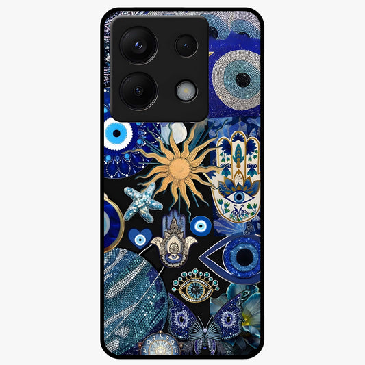 Evil Eye Charm Mix Glass Case showing flat back view with multiple evil eye charms artwork and glossy glass finish.