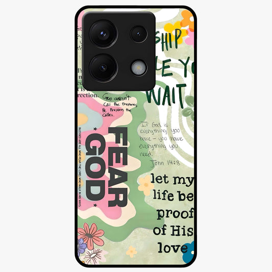 Faith Over Fear Glass Case showing flat back view with motivational typography artwork and glossy glass finish.