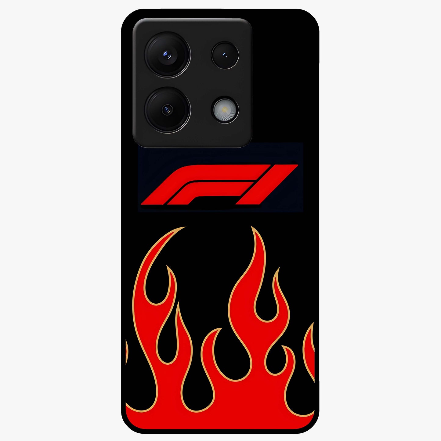 Fire F11 Glass Case showing flat back view with fiery themed artwork and glossy glass finish.