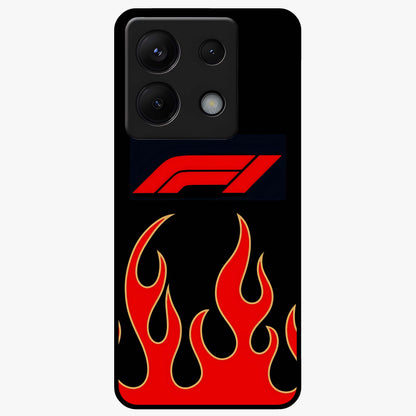 Fire F11 Glass Case showing flat back view with fiery themed artwork and glossy glass finish.