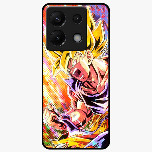 Firing Goku Glass Case showing flat back view with powerful anime inspired artwork and glossy glass finish.
