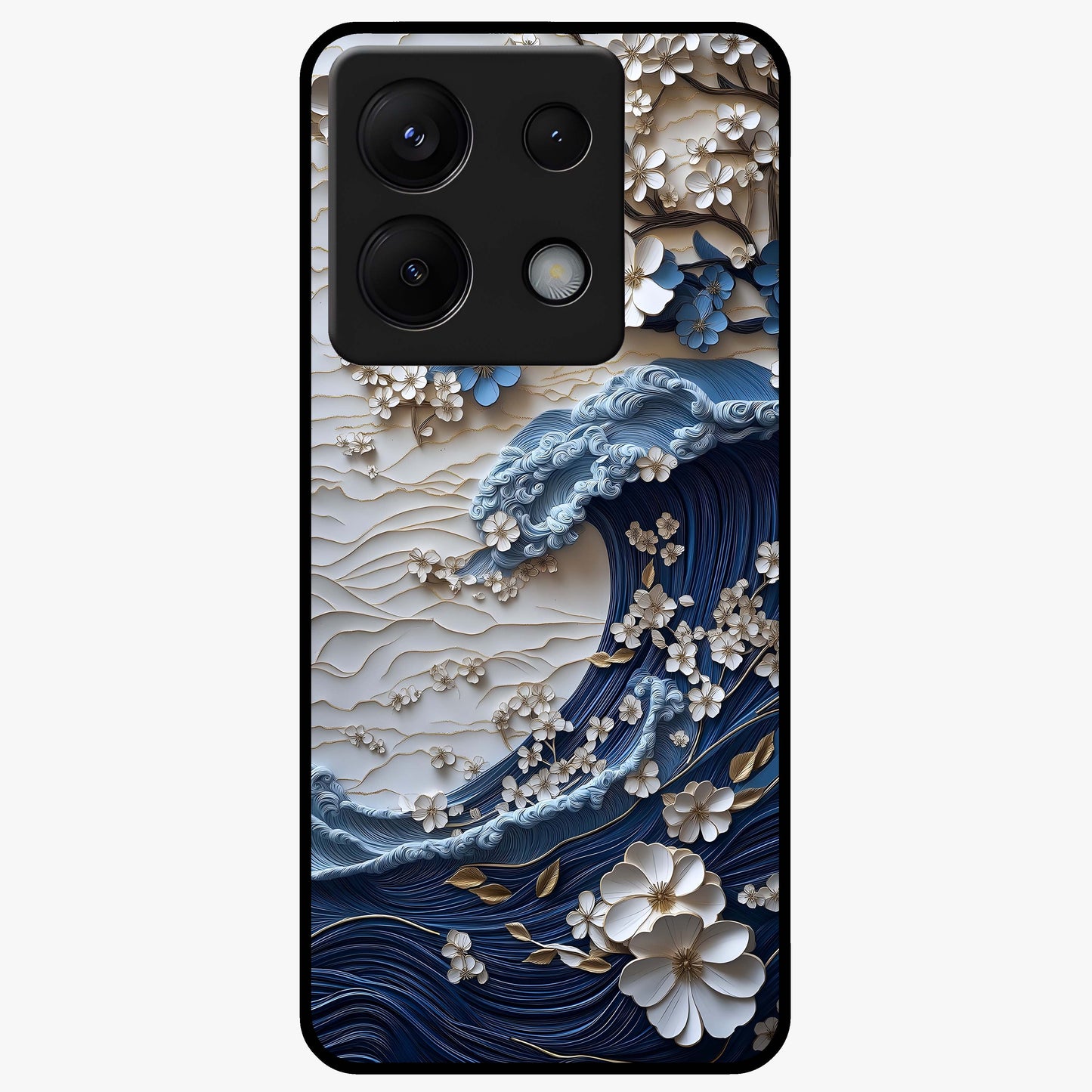 Floral Wave Origami Glass Case showing flat back view with origami inspired floral wave artwork and glossy glass finish.