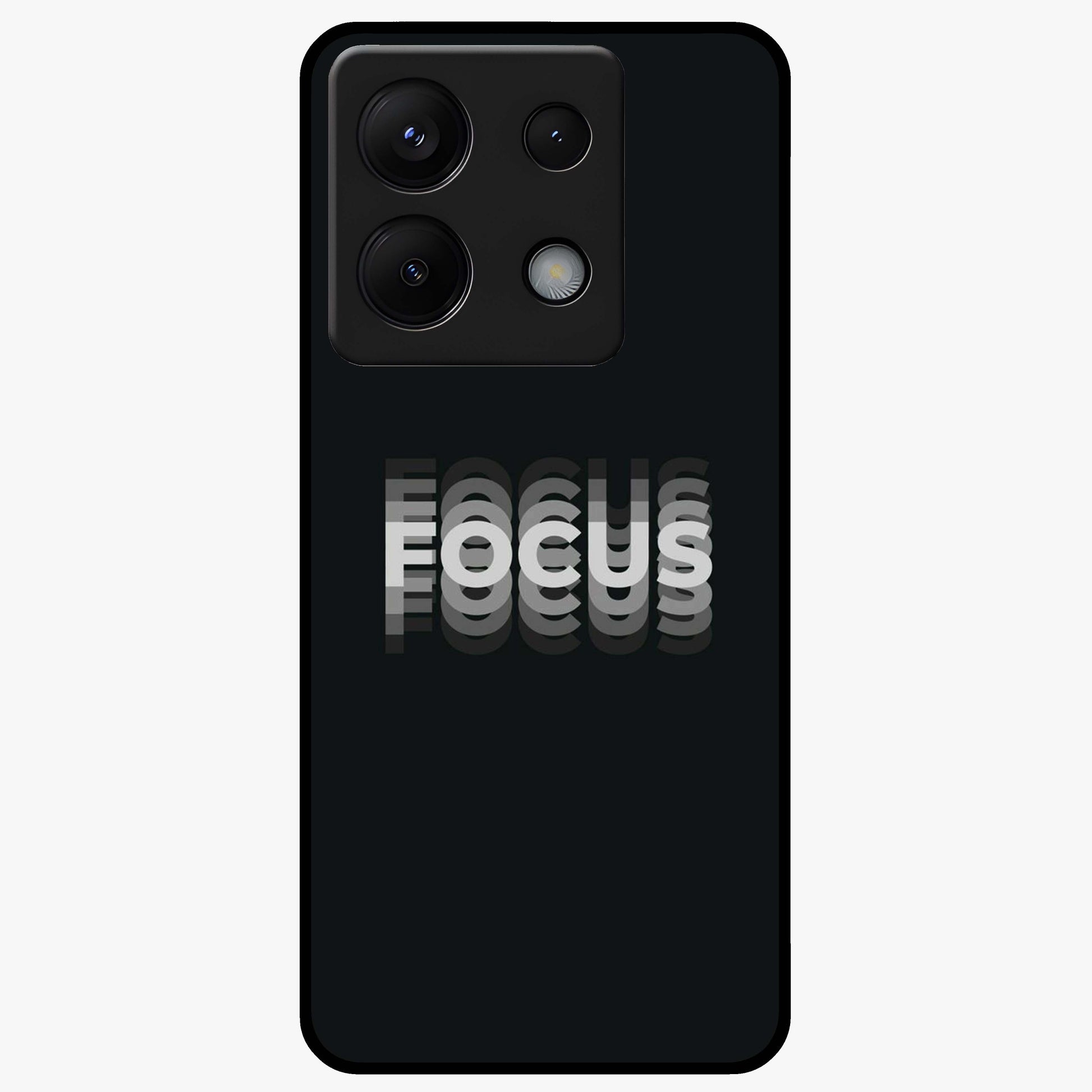 Focus Mode On Glass Case showing flat back view with bold motivational typography design and glossy glass finish.