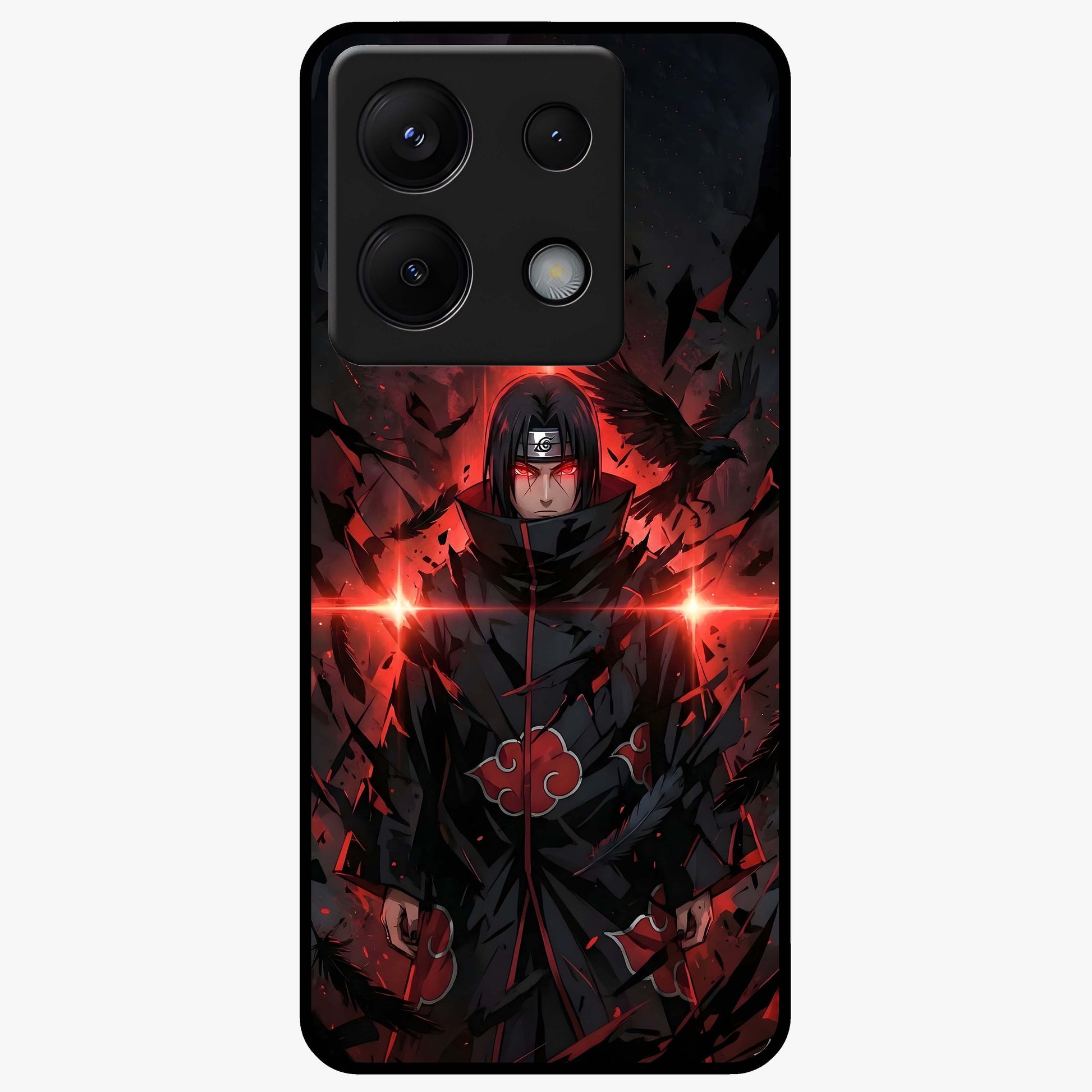 Focused Blade Discipline Glass Case showing flat back view with warrior sword themed artwork and glossy glass finish.