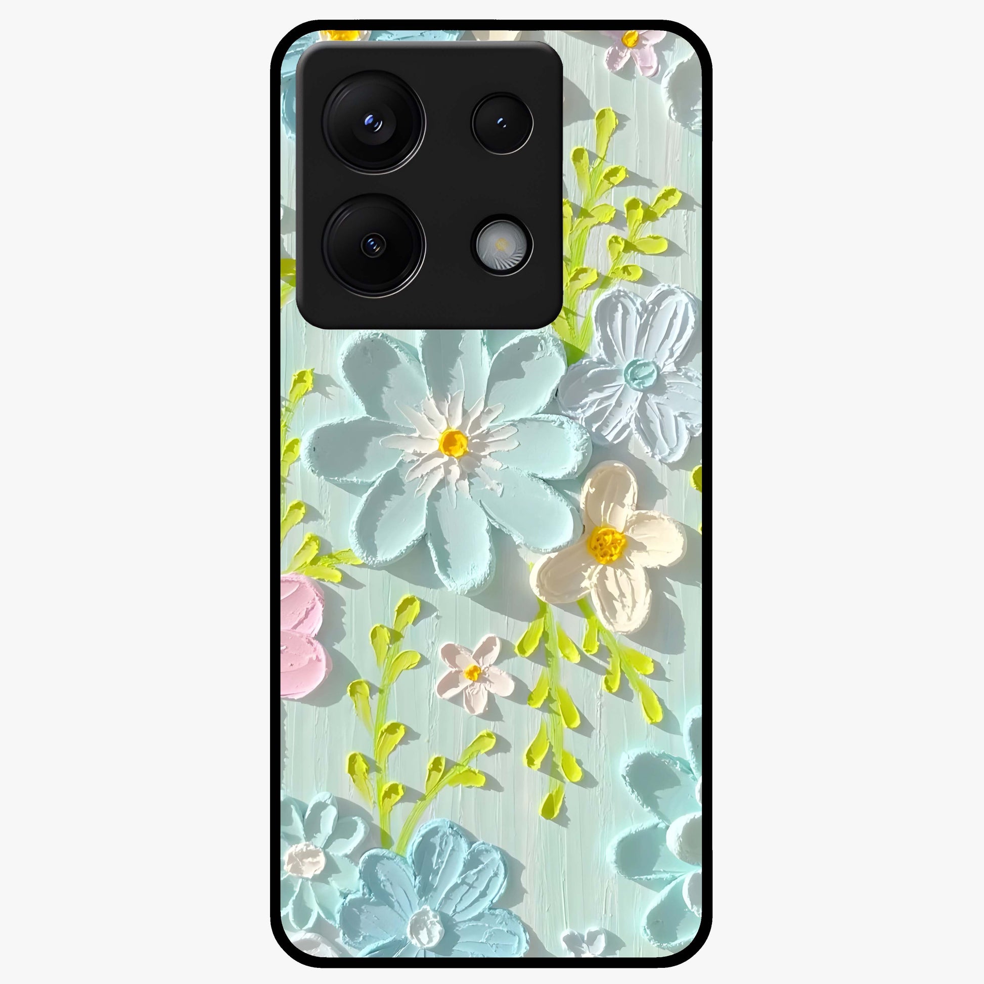Frosted Petal Garden Glass Case showing flat back view with soft frosted floral artwork and glossy glass finish.