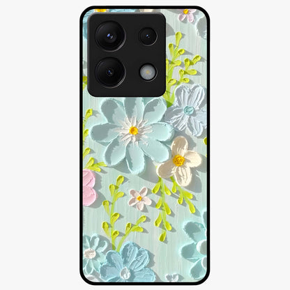 Frosted Petal Garden Glass Case showing flat back view with soft frosted floral artwork and glossy glass finish.