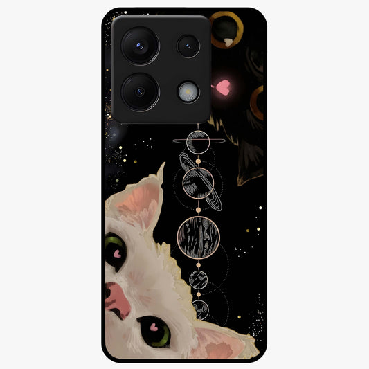 Galactic Cat Glass Case showing flat back view with cosmic cat artwork and glossy glass finish.