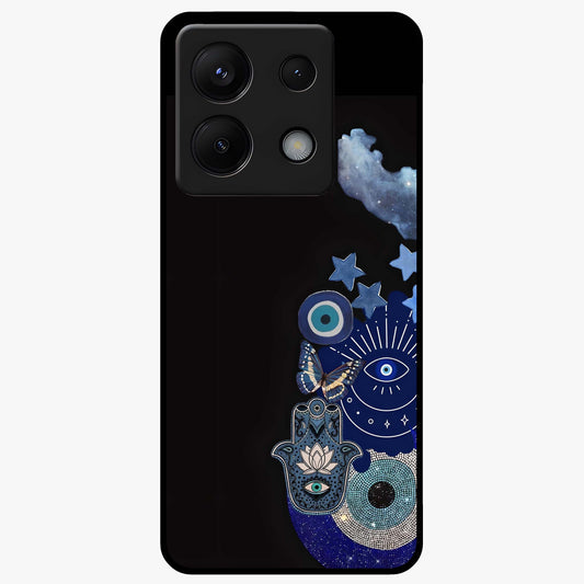 Galactic Charm Cluster Glass Case showing flat back view with glowing celestial charm artwork and glossy glass finish.