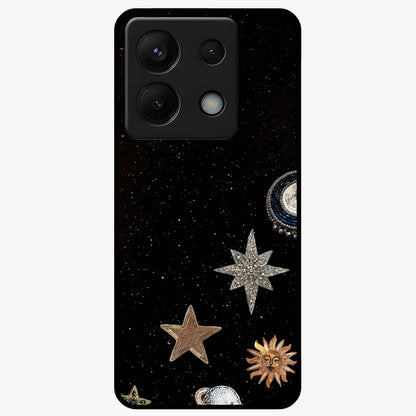 Galactic Charm Glow Glass Case showing flat back view with glowing celestial charm artwork and glossy glass finish.