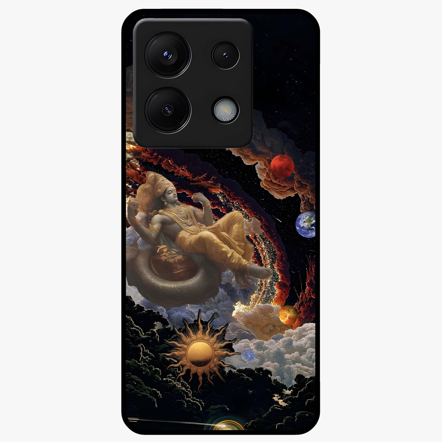 Galactic Divine God Glass Case showing flat back view with divine cosmic themed artwork and glossy glass finish.