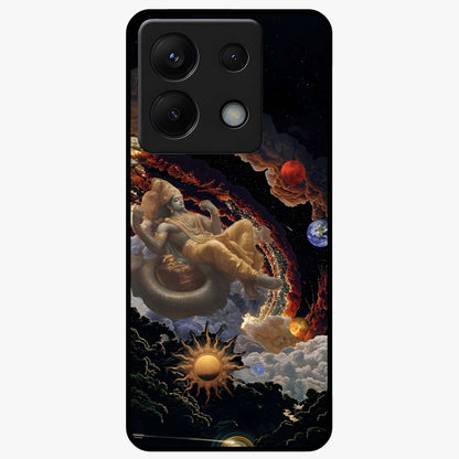 Galactic Divine God Glass Case showing flat back view with divine cosmic themed artwork and glossy glass finish.