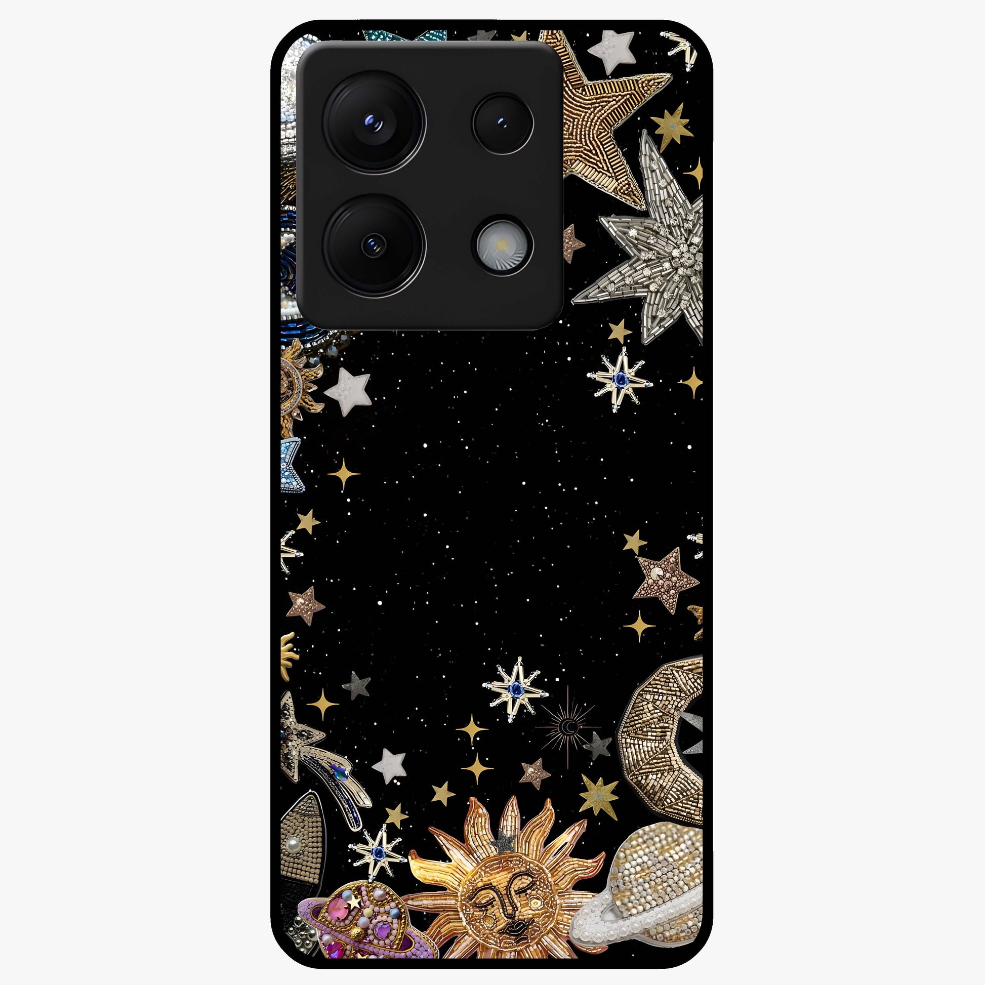 Galactic Jewel Stars Glass Case showing flat back view with sparkling star jewel artwork and glossy glass finish.