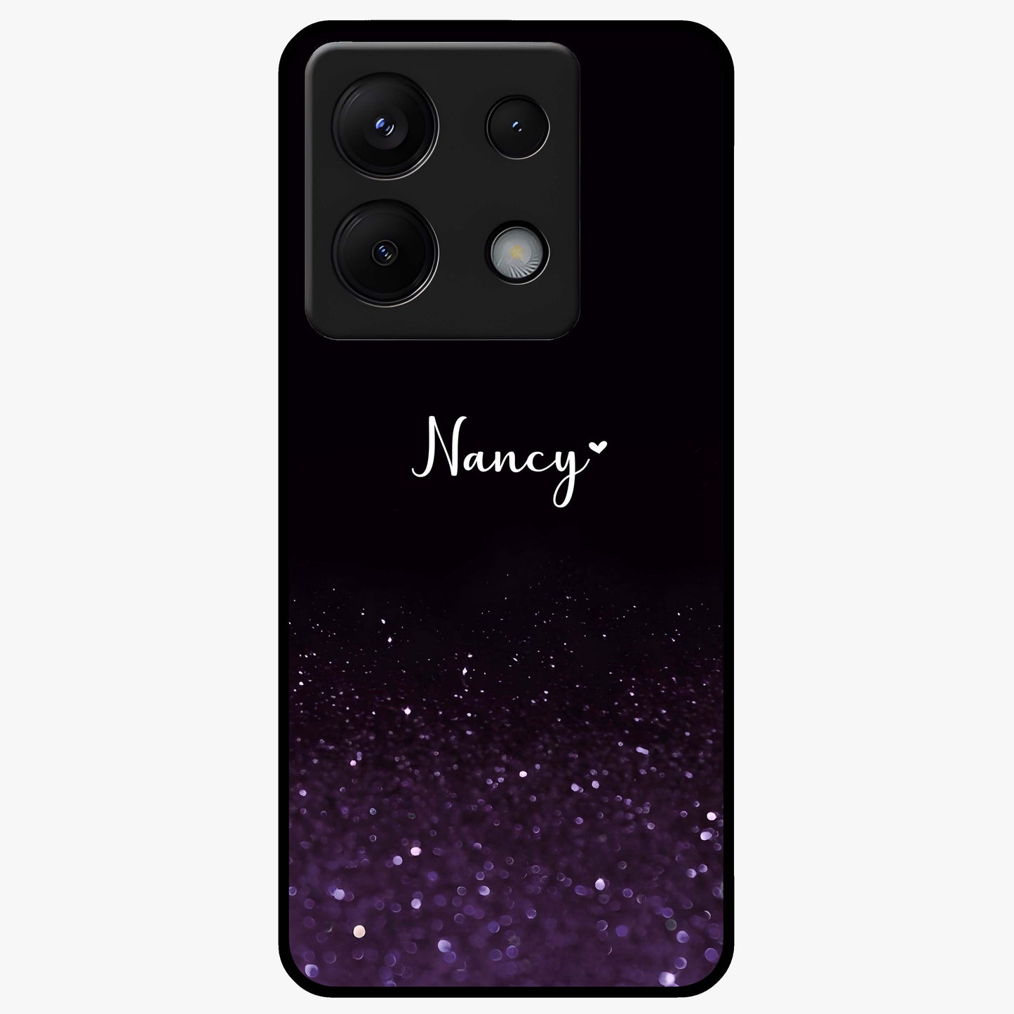 Glittery Purple Bokeh Custom Name Glass Case showing flat back view with purple bokeh sparkle artwork and personalized name design.