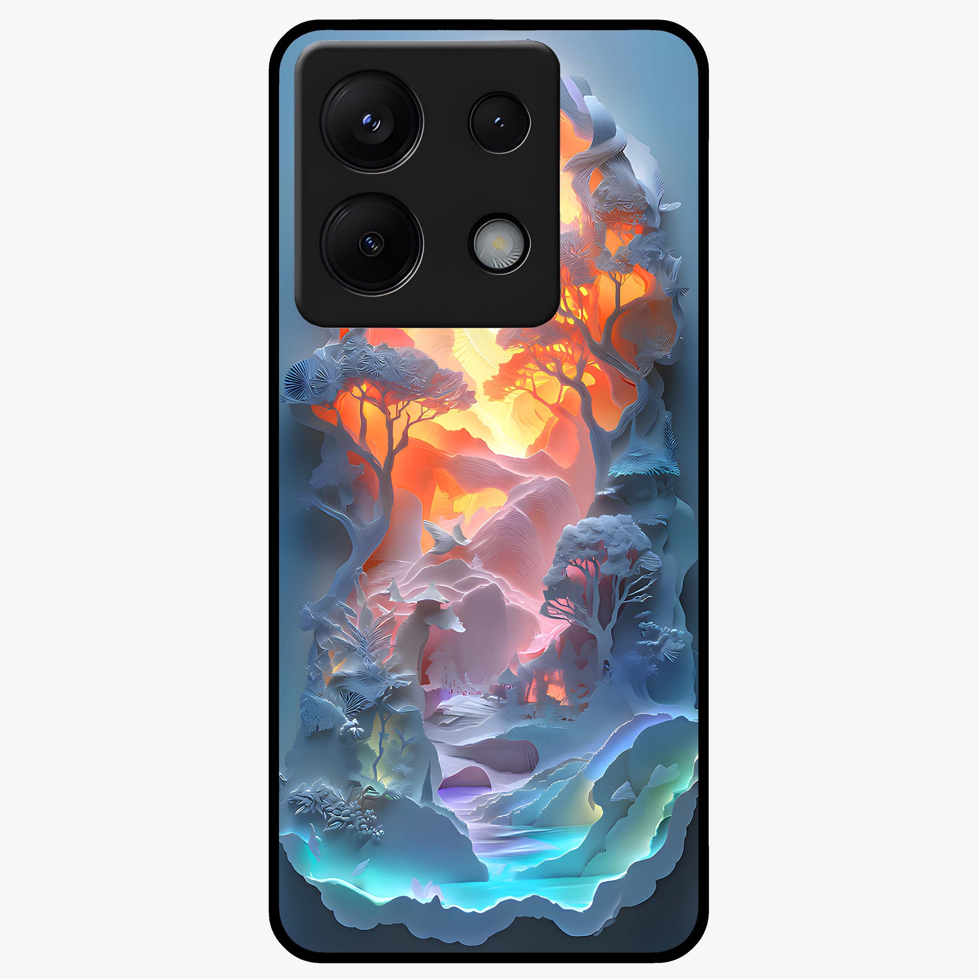 Glow Forest Portal Glass Case showing flat back view with glowing forest portal artwork and glossy glass finish.