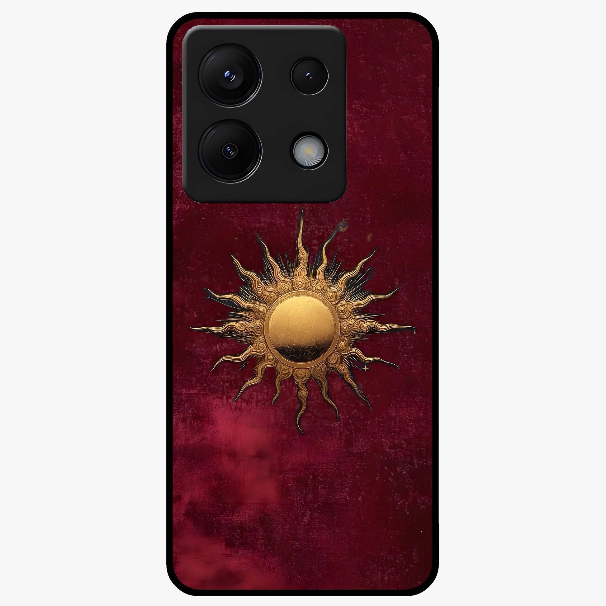 Gold Sun Blush Glass Case showing flat back view with golden sun inspired artwork and glossy glass finish.
