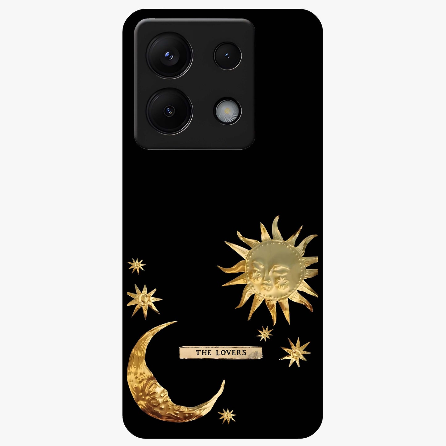 Golden Celestial Charm Glass Case showing flat back view with golden celestial charm artwork and glossy glass finish.