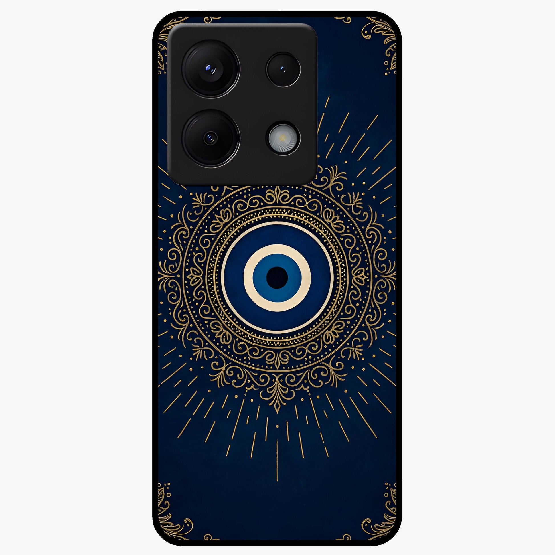 Golden Evil Eye Mandala Glass Case showing flat back view with intricate evil eye mandala artwork and glossy glass finish.