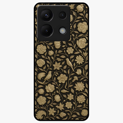 Golden Floral Majesty Glass Case showing flat back view with luxurious golden floral artwork and glossy glass finish.
