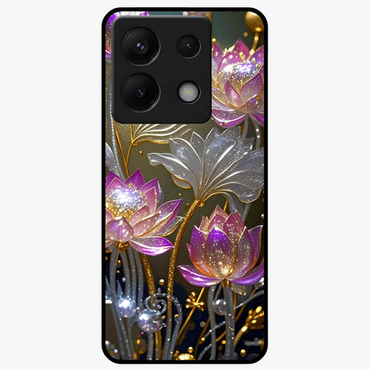 Golden Lotus Glow Glass Case showing flat back view with glowing lotus flower artwork and glossy glass finish.