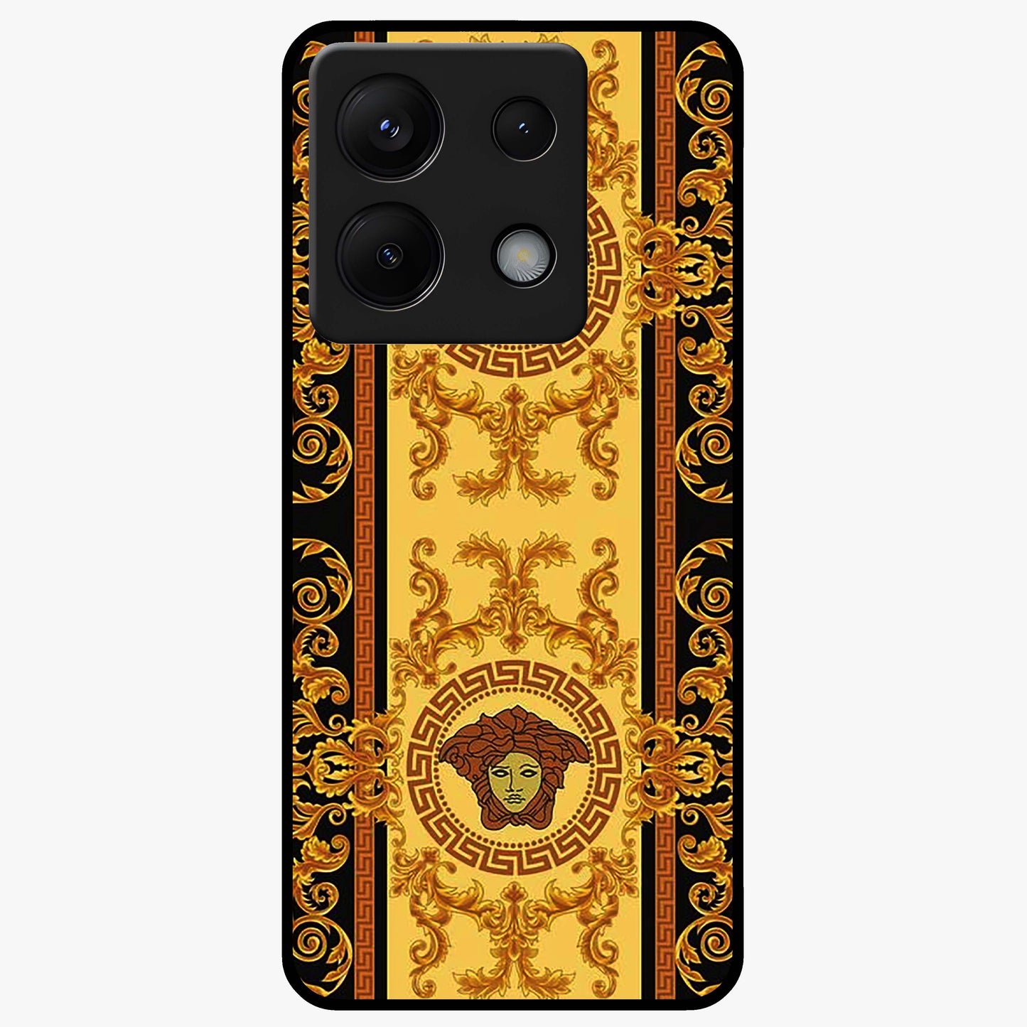 Golden Royal Heritage Glass Case showing flat back view with ornate royal pattern artwork and glossy glass finish.