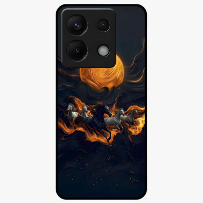 Golden Stallion Moonride Glass Case showing flat back view with majestic horse under moonlight artwork and glossy glass finish.