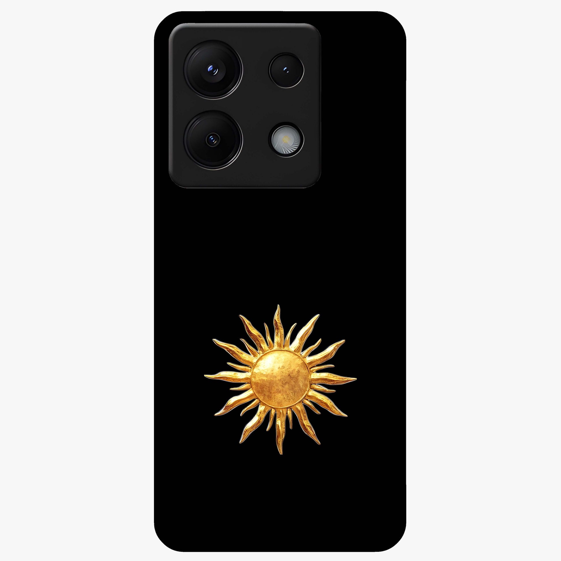 Golden Sun Minimalism Glass Case showing flat back view with minimal golden sun artwork and glossy glass finish.