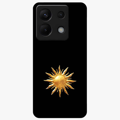 Golden Sun Minimalism Glass Case showing flat back view with minimal golden sun artwork and glossy glass finish.