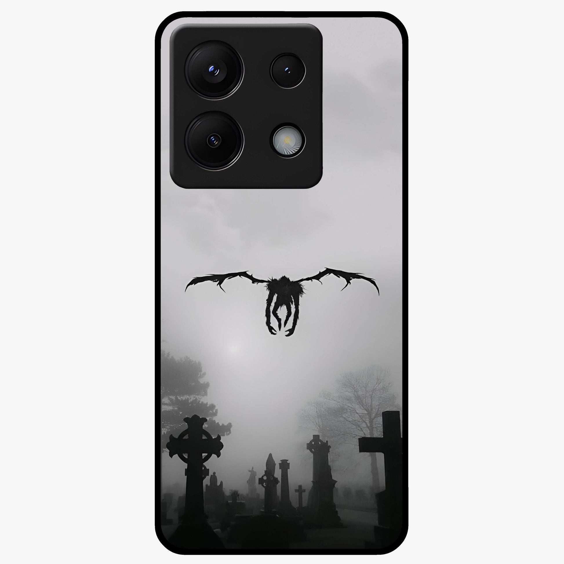 Graveyard Shadow Descent Glass Case showing flat back view with dark graveyard themed artwork and glossy glass finish.