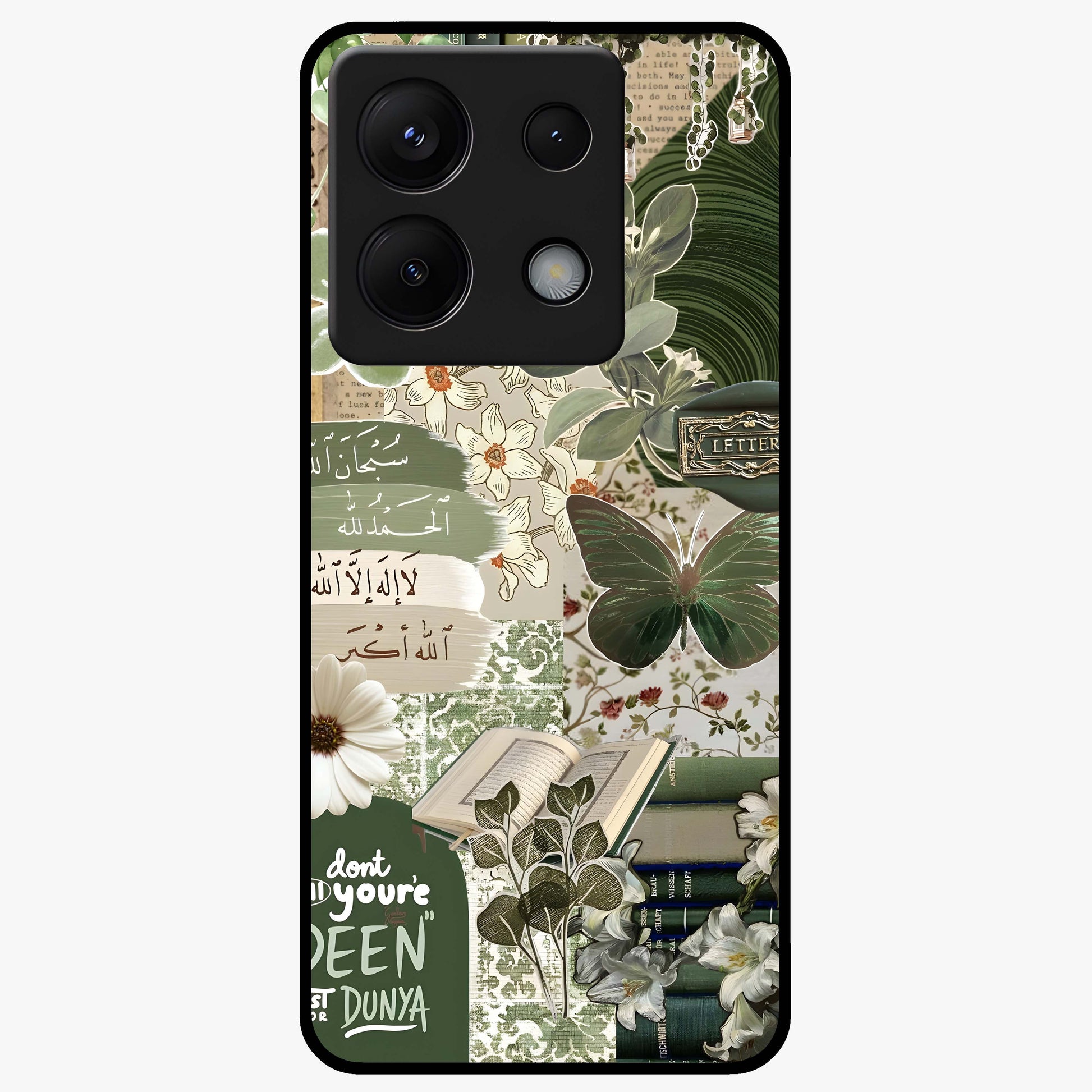 Green Islamic Books Quotes Glass Case showing flat back view with Islamic quotes and book themed artwork and glossy glass finish.