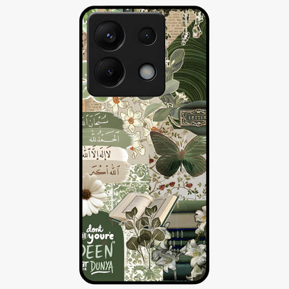 Green Islamic Books Quotes Glass Case showing flat back view with Islamic quotes and book themed artwork and glossy glass finish.