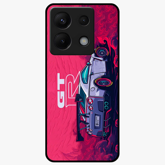 GT-R Car Pattern Glass Case showing flat back view with sporty car inspired pattern artwork and glossy glass finish.