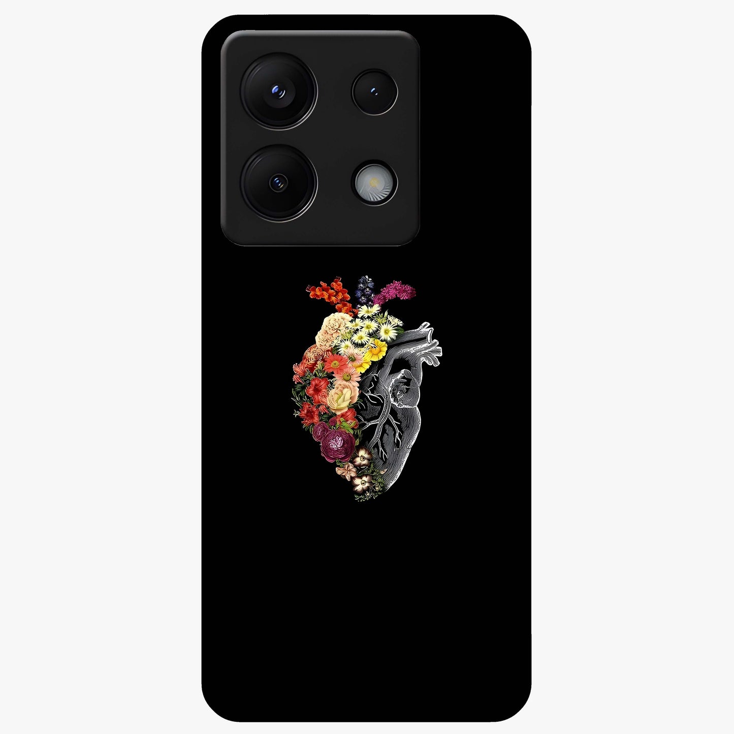 Heart With Flowers Glass Case showing flat back view with heart shaped floral artwork and glossy glass finish.