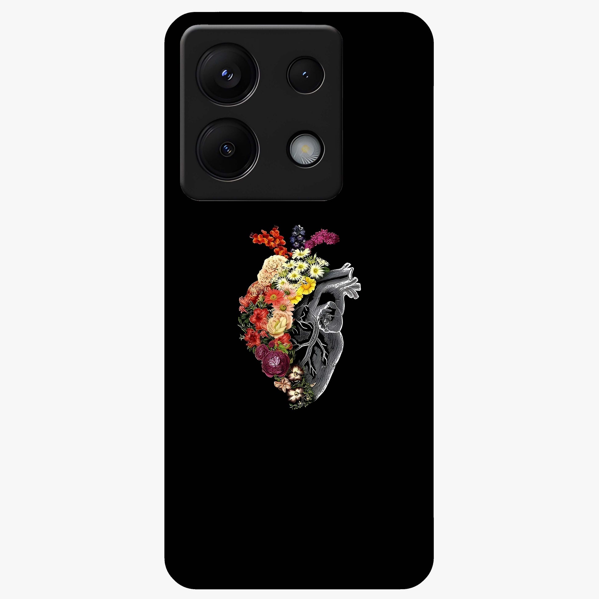 Heart With Flowers Glass Case showing flat back view with heart shaped floral artwork and glossy glass finish.