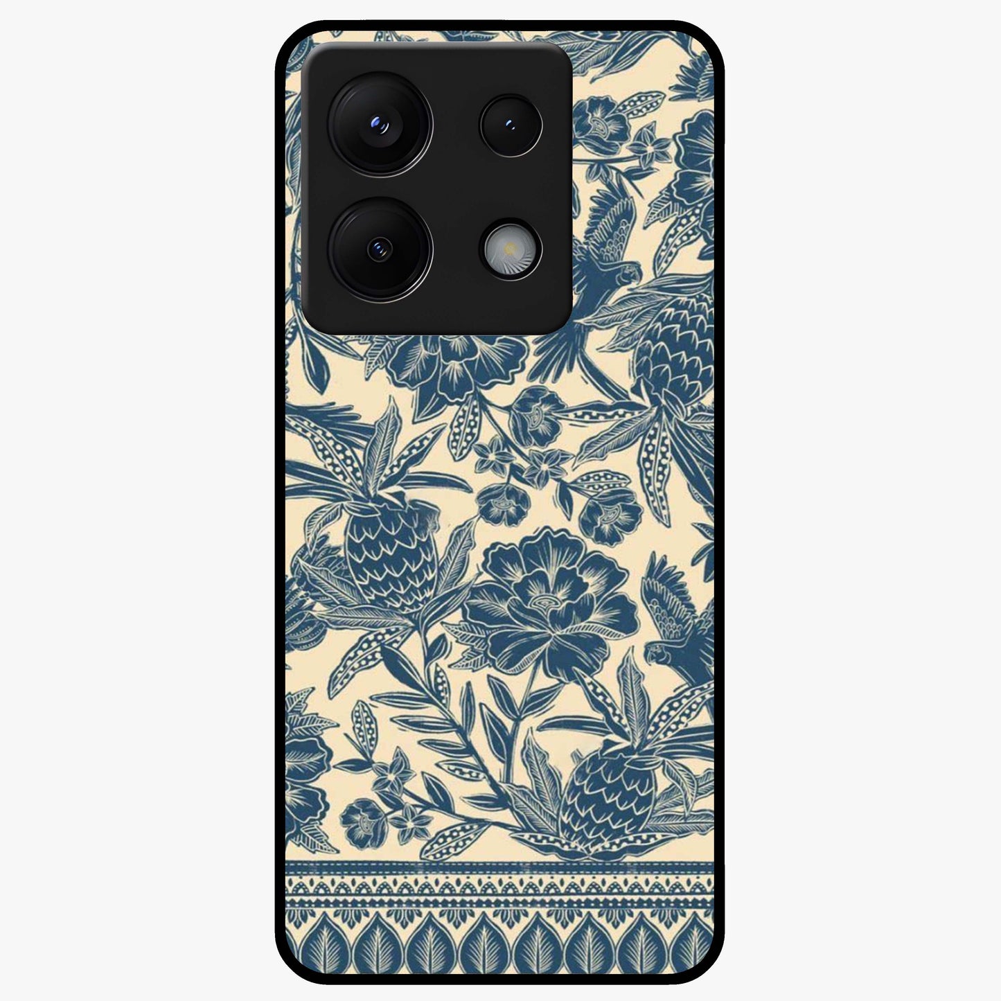 Heirloom Wild Bloom Glass Case showing flat back view with vintage inspired wild flower artwork and glossy glass finish.