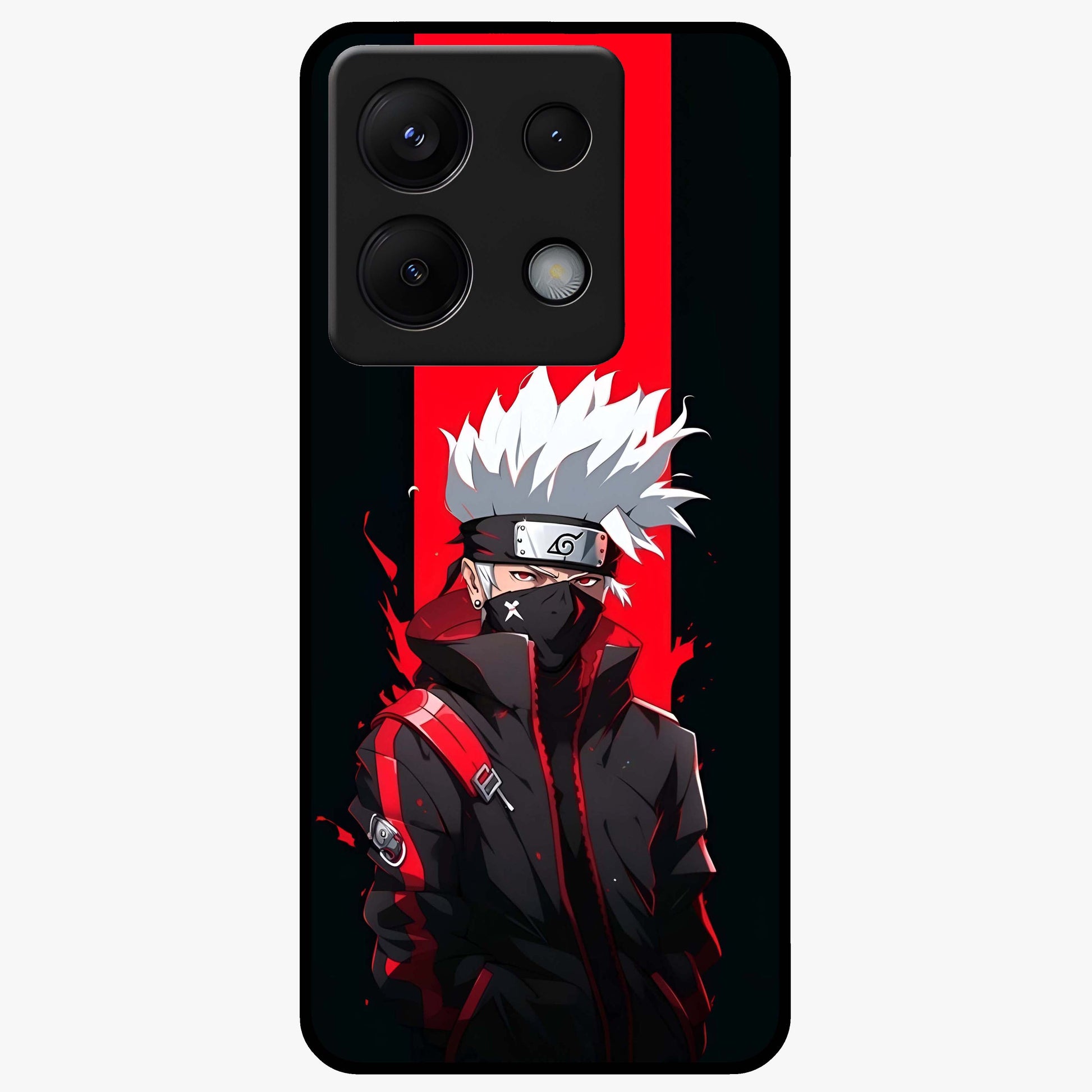 Kakashi Scarlet Shadow Glass Case showing flat back view with powerful anime ninja artwork and glossy glass finish.