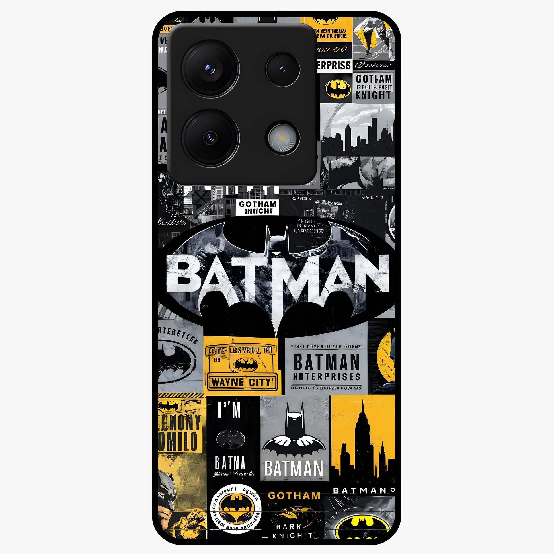 Knight Gotham Rise Glass Case showing flat back view with dark hero inspired artwork and glossy glass finish.