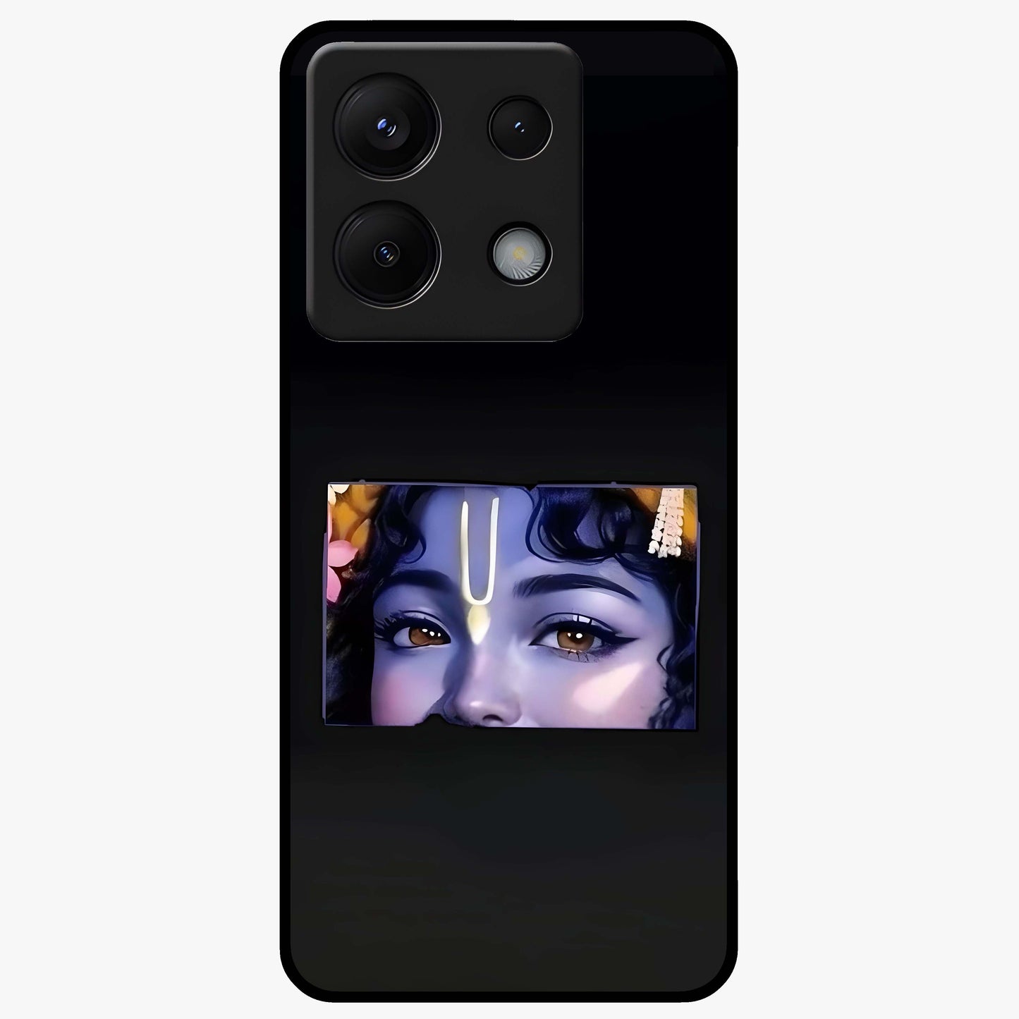 Krishna Divine Embrace Glass Case showing flat back view with Lord Krishna devotional artwork and glossy glass finish.