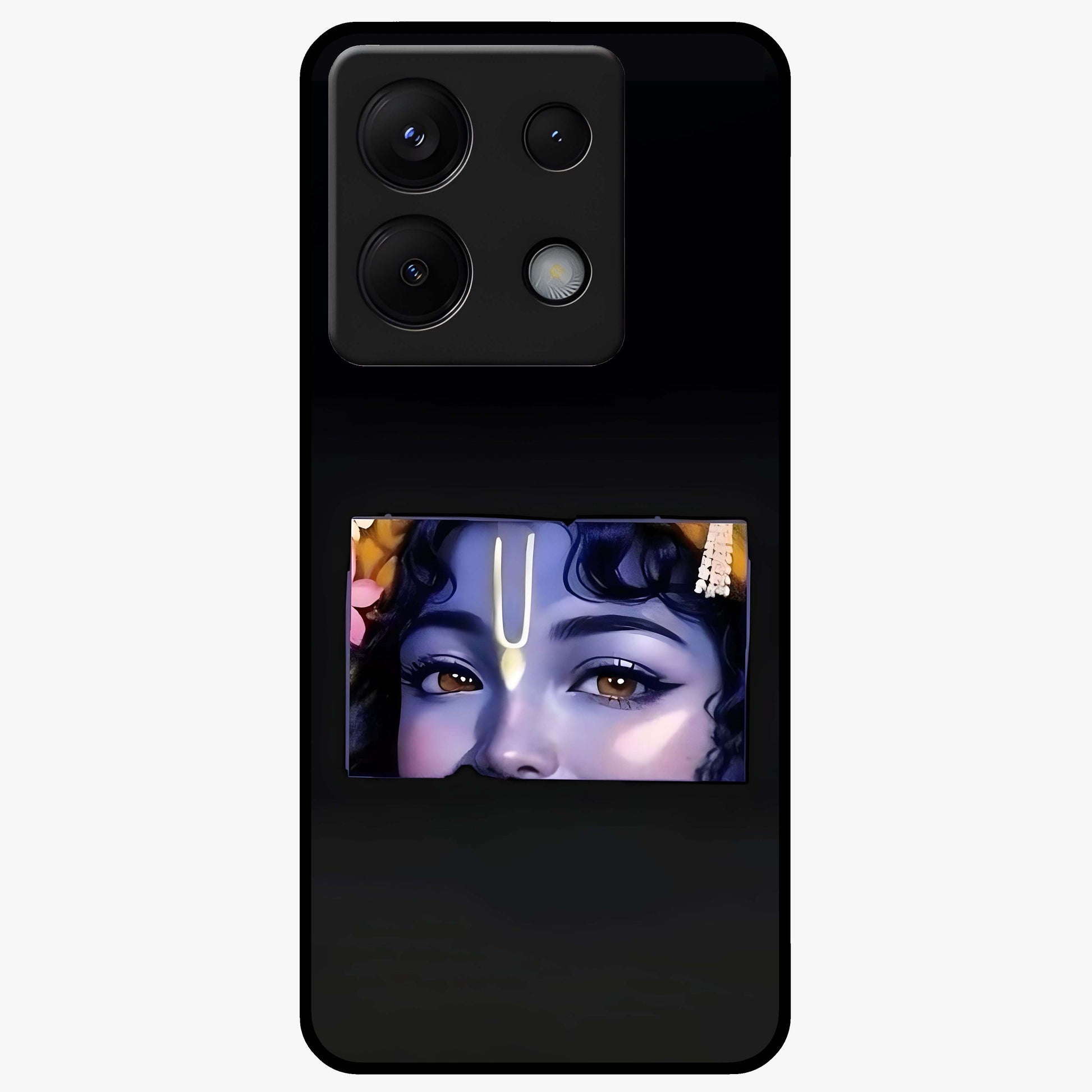 Krishna Divine Embrace Glass Case showing flat back view with Lord Krishna devotional artwork and glossy glass finish.