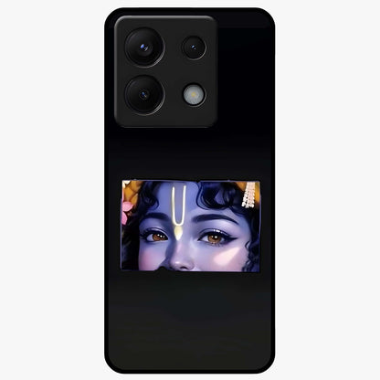 Krishna Divine Embrace Glass Case showing flat back view with Lord Krishna devotional artwork and glossy glass finish.