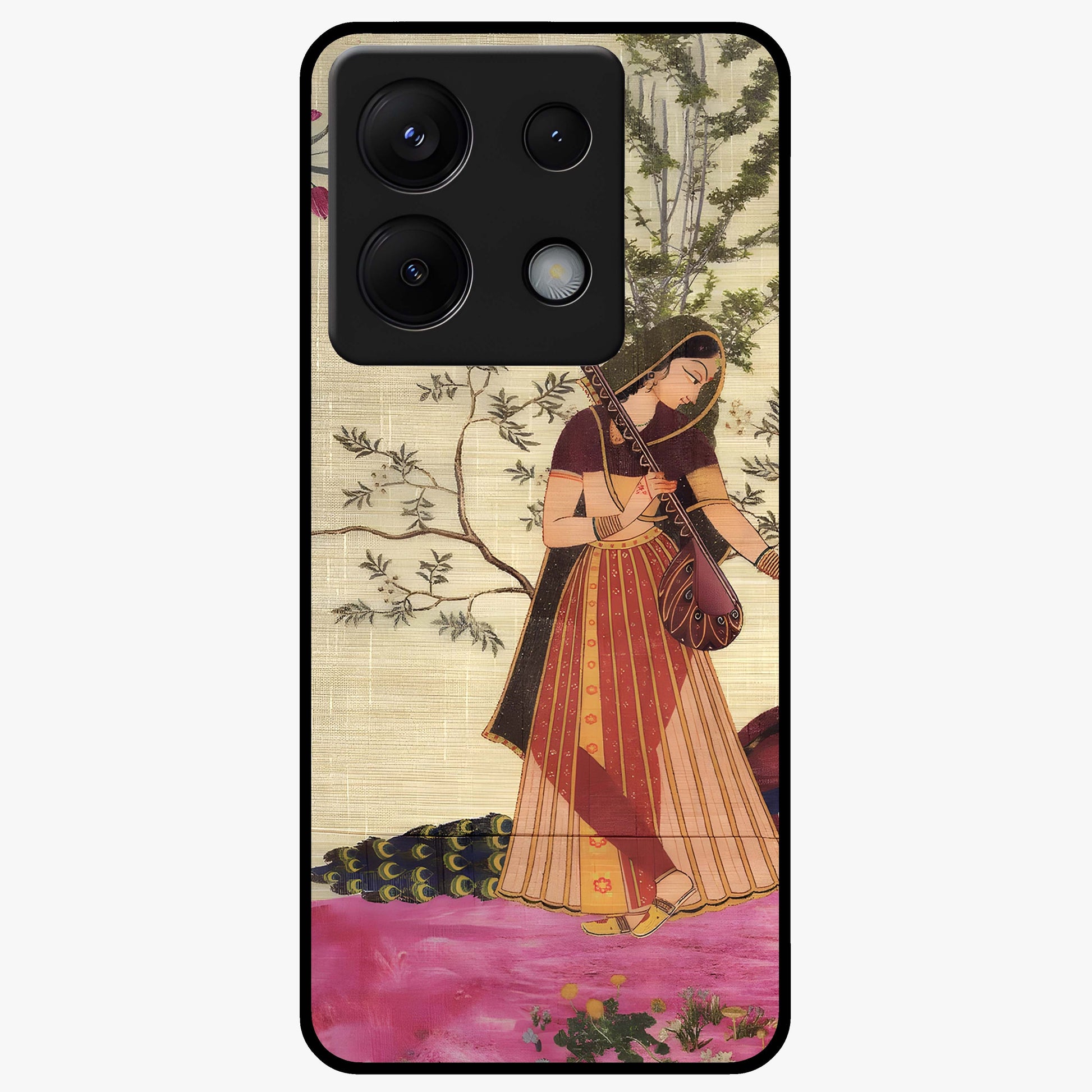 Lady With Veena Art Glass Case showing flat back view with elegant woman playing veena artwork and glossy glass finish.
