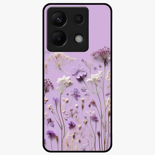 Lavender Blossom Dream Glass Case showing flat back view with soft lavender floral artwork and glossy glass finish.